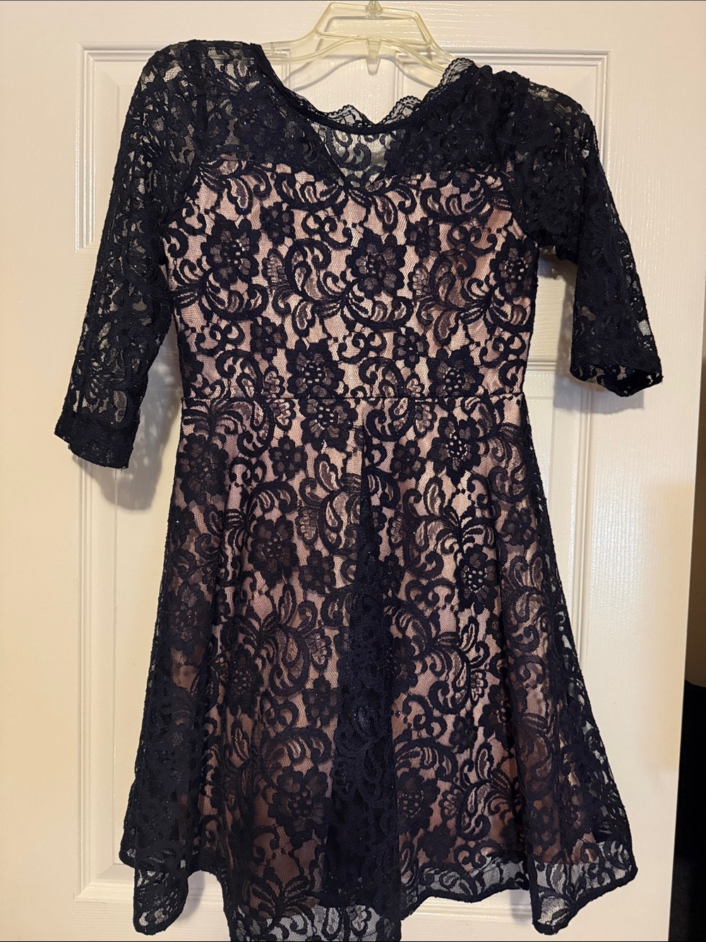 Sequin Hearts Navy Lace Dress with Blush Lining
